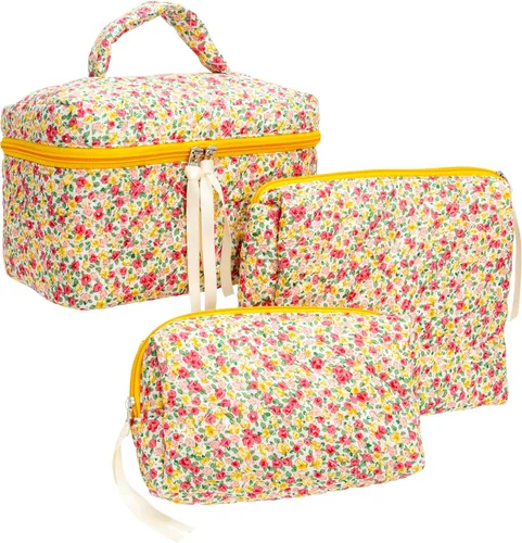 Vista 11 de PAZIMIIK - Bolsa de maquillaje de algodón para mujer, grande, acolchada para viaje, Rosa (Bow Pink), Vintage