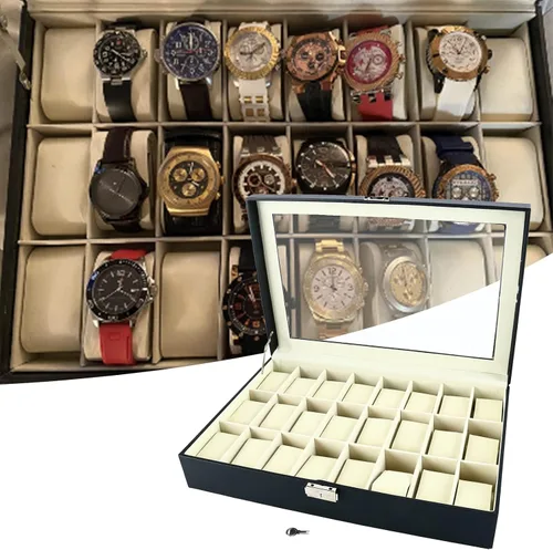 Vista 5 de DasMarine Estuche de 24 ranuras para reloj, funda de piel sintética para hombres y mujeres, organizador de reloj, parte superior acrílica, caja