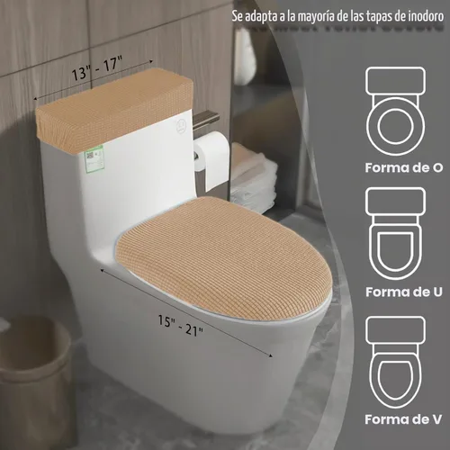 Vista 4 de Funda elástica para tapa de inodoro y funda para tanque de inodoro, juego de cubiertas elásticas para baño, tela de poliéster y elastano jacquard