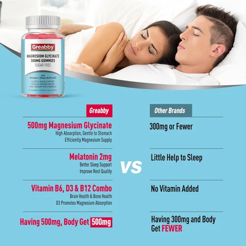 Vista 3 de Gomitas de glicinato de magnesio de 500 mg para adultos, apoyo para dormir, gomitas de magnesio masticables para mujeres y hombres, alivio muscular