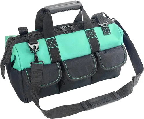 Vista 9 de Garden Tools Bag 16 Inch Wide Mouth Tool Bag with Molded Base and Plastic-Padded Inside Pockets for Tool Storage, 600D Polyester Fabric, Brown