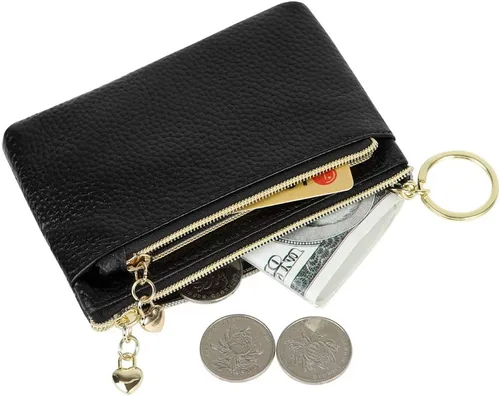 Vista 3 de Monedero de cuero genuino para mujer, con cremallera, bolsillo y bolsillo, Negro -, Minimalista
