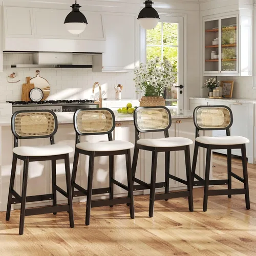 Vista 19 de ROCITY - Juego de 2 taburetes de ratán negro, taburetes de bar de madera de granja, taburetes de bar tapizados, sillas de isla de cocina