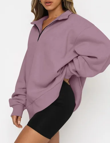 Vista 2 de AUTOMET Sudaderas de gran tamaño para mujer, sudaderas con capucha con cremallera de medio cuarto de largo, suéteres de manga larga