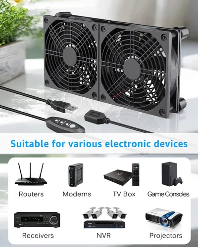 Vista 6 de GDSTIME Enfriador de ventilador silencioso con control de 3 velocidades, L/M/H, CC 5 V alimentado por USB dual 4.724 in ventilador de caja