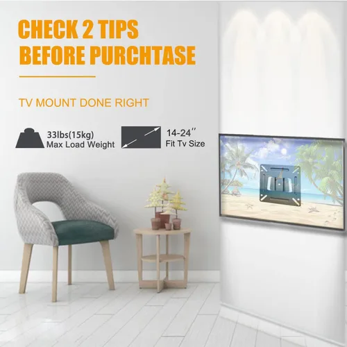 Vista 4 de Soporte de pared para monitor para la mayoría de televisores de 14 a 24 pulgadas, soporte universal de pared para TV pequeño para caravana, soporte
