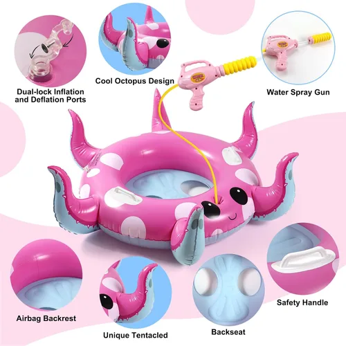 Vista 4 de Motiloo Octopus - Flotador de piscina para niños con pistola de agua, juguetes inflables de piscina para niños de 3 a 12 años de edad, fiestas
