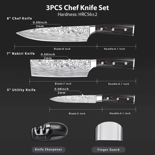 Vista 2 de Juego de cuchillos de chef profesional, juego de cuchillos de cocina de 3 piezas, juego de cuchillos de acero inoxidable de alto carbono