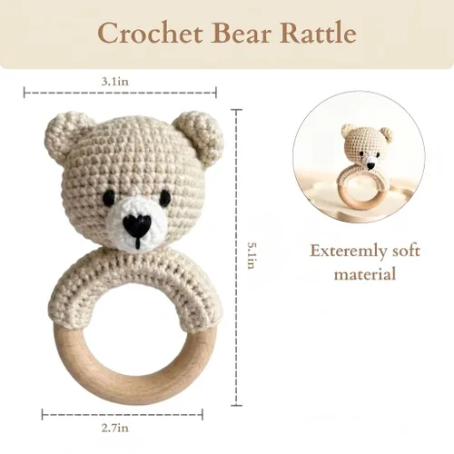 Vista 2 de Juguete de sonajero orgánico de oso de ganchillo para bebé, juego de regalo hecho a mano para recién nacido con mordedor y soporte para chupete