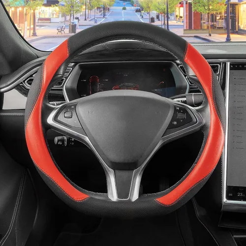 Vista 14 de SEG Direct Funda para volante de coche con fondo plano, forma D, 14 1/2-15 pulgadas (37-39 cm), cuero de microfibra negro
