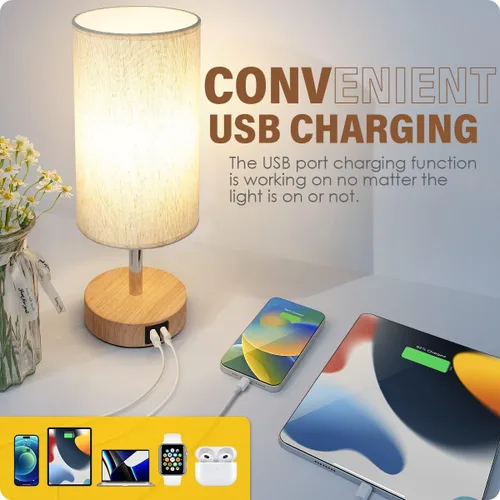 Vista 3 de Yarra-Decor Lámparas de noche con puerto USB, lámpara de mesa con control táctil para dormitorio, de madera, de 3 vías, regulable, juego de 2