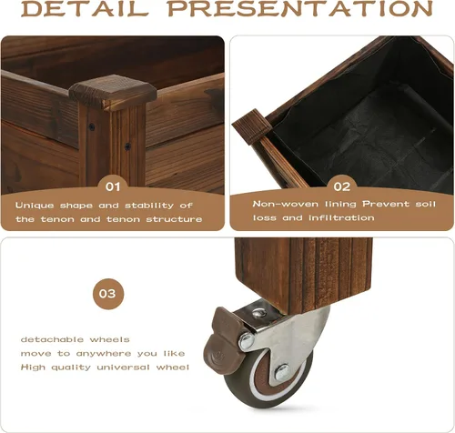Vista 8 de Notume Cama de jardín elevada de 41 x 21 x 20 pulgadas, maceta de madera elevada móvil con ruedas con cerradura, kit de jardinera elevada de madera