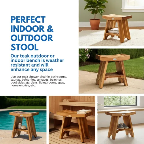 Vista 7 de EcoDecors Banco de ducha de teca con estante de 18", capacidad de 300 lb – Asiento de spa de madera impermeable completamente ensamblado
