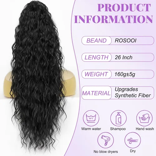Vista 5 de Extensión de cola de caballo con cordón, extensión de cola de caballo larga y rizada para mujeres negras, extensiones de cabello negro de 26
