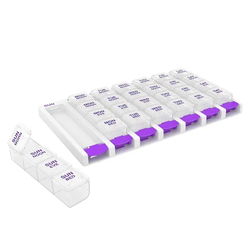 Vista 7 de EZY DOSE Semanal (7 días) 4 veces al día, organizador de pastillas con botón pulsador y planificador de vitaminas, pastilleros diarios extraíbles