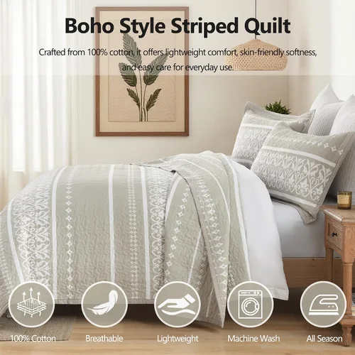 Vista 4 de Juego de edredón 100% algodón a rayas, bohemio, tamaño Queen, color beige y blanco, 3 piezas Lightweight & Soft Bedspread, Boho Style Bedding Set