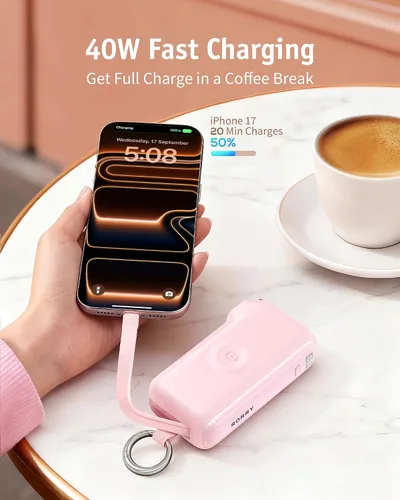Vista 3 de RORRY Flow Cargador portátil 10000mAh 40W Enchufe de pared Banco de energía Rosa