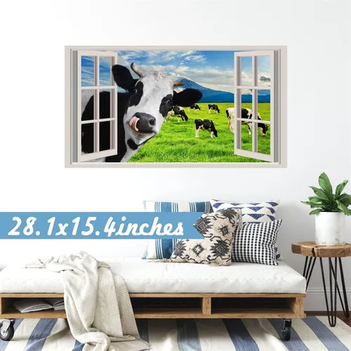 Vista 5 de Divertidas calcomanías de pared de vaca que se asoman, calcomanías de pared de vaca para despegar y pegar, calcomanías 3D falsas para decoración
