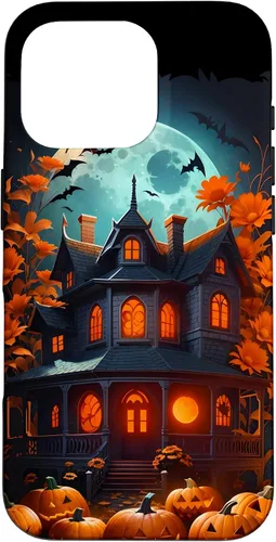 Vista 20 de iPhone 16 Halloween Spooky Haunted House Bats & Carved Pumpkins Case