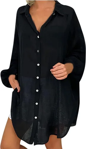 Vista 2 de Ceboyel Blusas casuales de gasa de verano para mujer, camisas de manga larga de lino y algodón, blusas con cuello abotonado, blusas de moda