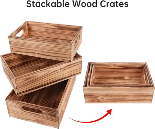 Vista 4 de PHOENANCEE Cajas de madera para exhibición, cajas decorativas rústicas de almacenamiento, juego de 3, caja anidable de madera con asas, cesta
