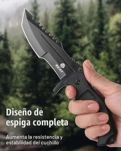 Vista 5 de REAT Cuchillo de hoja fija con funda, hoja de acero 440C de 4.1 pulgadas con diseño de espiga completa, mango ergonómico de plástico ABS, cuchillo