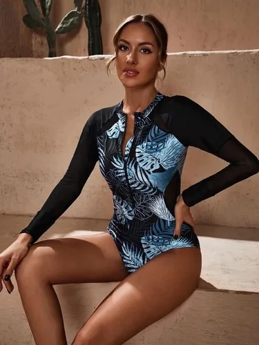 Vista 5 de CPUTAN Traje de baño de una pieza con estampado de manga larga con cremallera para mujer