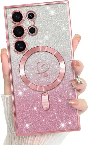 Vista 611 de Bonoma - Funda compatible con Samsung Galaxy S21 Plus, diseño de corazón con purpurina, color rosa Support for MagSafe, Plating Magnetic Case TPU