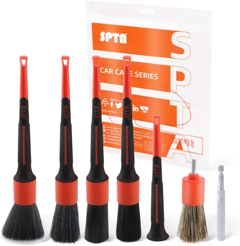Vista 8 de SPTA juego de cepillos para detalle de coche, pack de 5 cepillos suaves de pelo de jabalí con codo para limpieza automotriz elegante de superficies