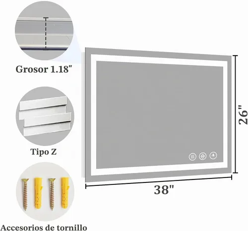 Vista 9 de Koonmi Espejo de baño LED 38x26 con luz, antivaho y 3
