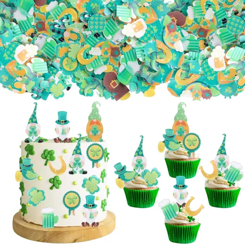 Vista 11 de 24 piezas de adornos para cupcakes del día de San Patricio, trébol con purpurina de tres hojas, trébol de la suerte, para cupcakes, sombrero