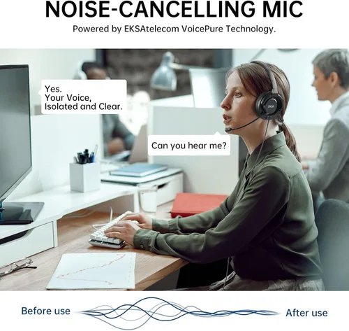 Vista 7 de EKSA H27 Auriculares USB para computadora con micrófono para trabajo, auriculares de PC con micrófono de cancelación de ruido, auriculares con cable