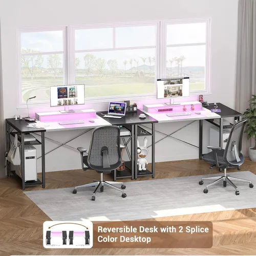 Vista 4 de Armocity Escritorio para computadora con luces LED, escritorio de 48 pulgadas con toma de corriente y USB, escritorio grande reversible con soporte