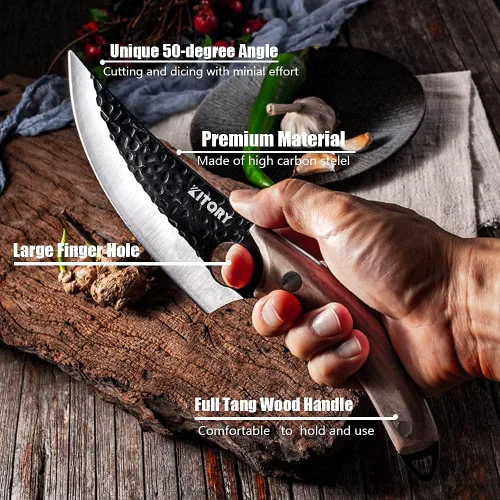 Vista 4 de Kitory Cuchillo de carnicero para cortar carne, cuchillo vikingo forjado a mano con mango ergonómico de madera, cuchillo de chef chino de acero