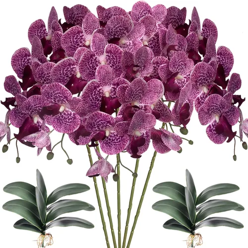 Vista 11 de HinyoCo - 5 flores artificiales de orquídea y 4 paquetes de hojas, flores artificiales de Phalaenopsis de 32 pulgadas para decoración del hogar