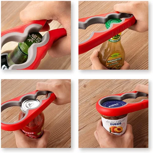Vista 6 de Abridor de botellas para manos débiles, kit de abrebotellas multifunción 5 en 1 con mango de silicona, fácil de usar para niños, ancianos y personas