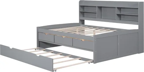 Vista 8 de Cama capitán de tamaño matrimonial con marco de cama Tundle Day con 3 cajones y estanterías integradas de madera maciza, sofá cama de capitán