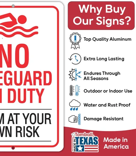 Vista 2 de Letrero de metal con texto en inglés «No Lifeguard on Duty, Swim At Your Own Risk– Uso en interiores y exteriores – Aviso de seguridad en el agua