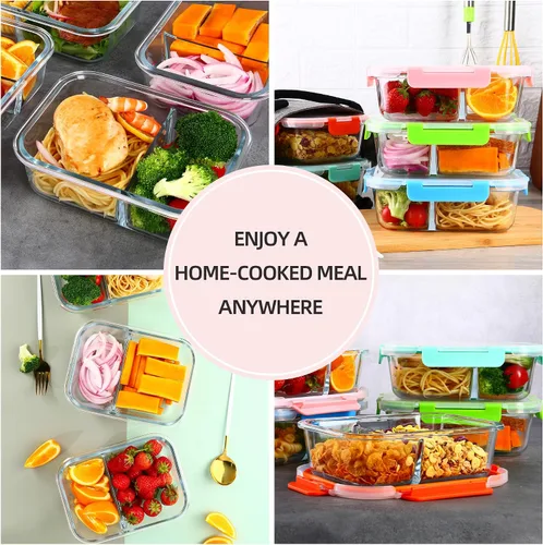 Vista 3 de [Paquete de 5, 34 onzas] Juego de recipientes de vidrio con tapa y 2 compartimentos Glass Storage Containers, Airtight Lunch Boxes with 2 Dividers