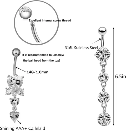 Vista 3 de NASAMA Piercing de ombligo de acero inoxidable 14G para mujer, joyería de piercing para el ombligo CZ