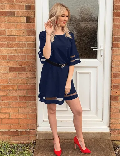 Vista 7 de LookbookStore - Vestido estilo túnica holgado con mangas 34 acampanadas con panel de malla, cuello redondo, para mujer