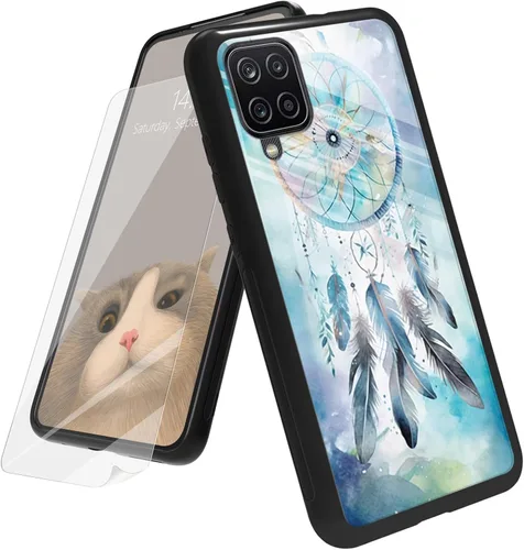 Vista 70 de Funda para Samsung Galaxy A12 5G con protector de pantalla, parte trasera de vidrio templado + TPU de silicona suave que absorbe los golpes