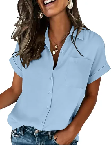 Vista 12 de Zeagoo Camisa de manga corta con botones para mujer, cuello en V, elegante, casual, para negocios, trabajo, con bolsillo, S-XXL