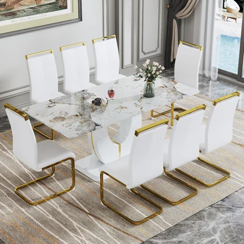 Vista 10 de JUFU Juego de mesa de comedor moderno para 4, juego de mesa de cocina rectangular de 63 pulgadas con mesa de mármol sintético y 4 sillas tapizadas