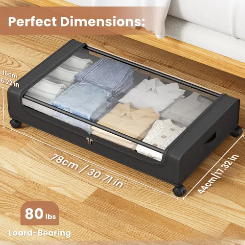 Vista 2 de Contenedores de almacenamiento debajo de la cama con tapa transparente, almacenamiento grande debajo de la cama con ruedas, contenedores de 6.22