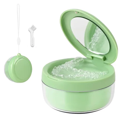Vista 6 de Estuche de dentadura postiza, estuche limpiador de retenedores 2 en 1 con espejo y colador, vaso de baño portátil para viajes, bonita caja