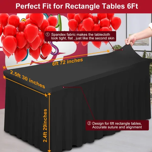 Vista 3 de Falda de mesa gruesa de elastano 2 en 1 y funda de 6 pies, mantel rectangular ajustable con falda plisada, mantel rectangular sin arrugas para Negro