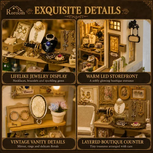 Vista 7 de Roroom Kit de casa en miniatura para bricolaje, kit de rincón de libro de cuento de Vitrine con luz LED, rompecabezas de madera 3D, kit de casa