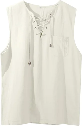 Vista 2 de utcoco Camisetas de verano para hombre, estilo hippie, sin mangas, con cordones, algodón y lino, con bolsillo