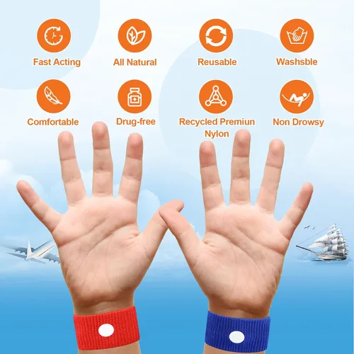 Vista 10 de Bandas contra el mareo por movimiento para niños, pulseras para alivio del mareo de viaje, bandas antináuseas para mareo matutino en automóvil y mar